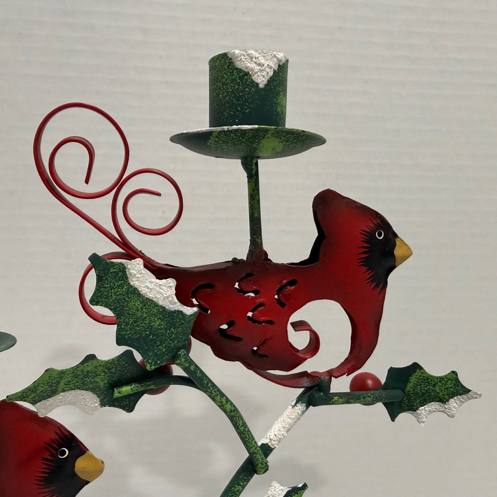 VTG Metal Cardinal Taper 3-Candle Holder Rustic Christmas Holly Bird Centerpiece - Picture 12 of 14
